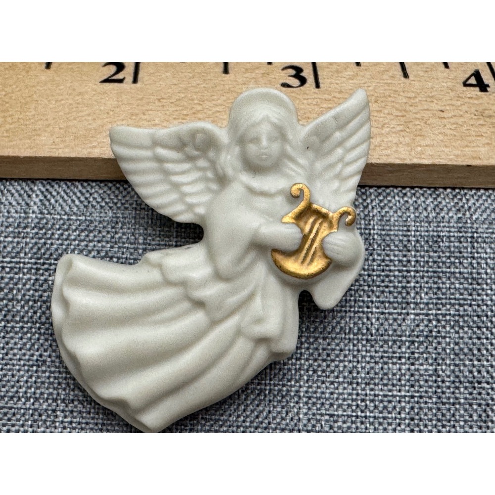 Lenox Porcelain Angel Brooch Ivory China Gold Harp Pin Christmas Celestial